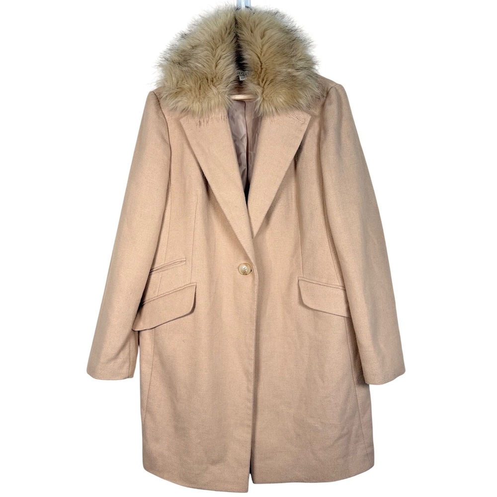 TOPSHOP Camel Faux Fur Collar‎ Wool Blend Coat Women's US 10 UK 14 EUR 42